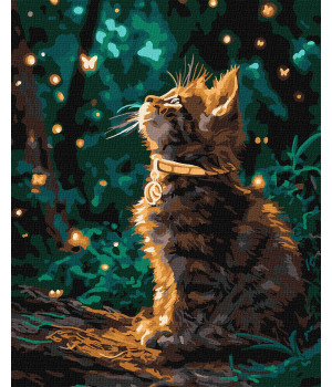 Набір для розпису по номерах "Кошеня та світлячки з фарбами металік extra"