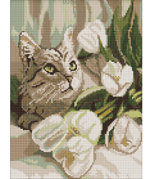 Набір з алмазною мозаїкою "Зеленоокий кіт з тюльпанами"