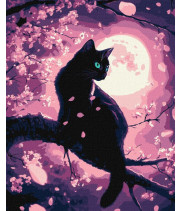Картина за номерами - Чарівний кіт серед сакури з фарбами металік