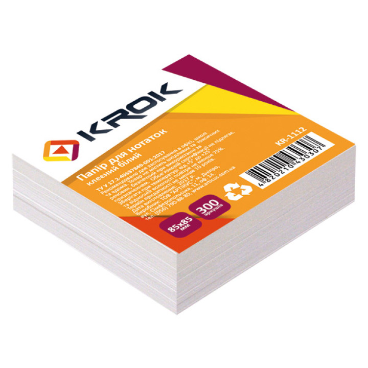 Папір для нотаток Krok білий клеєн. 85*85мм 300арк. 55г/м2  KR-1112  (1/48)